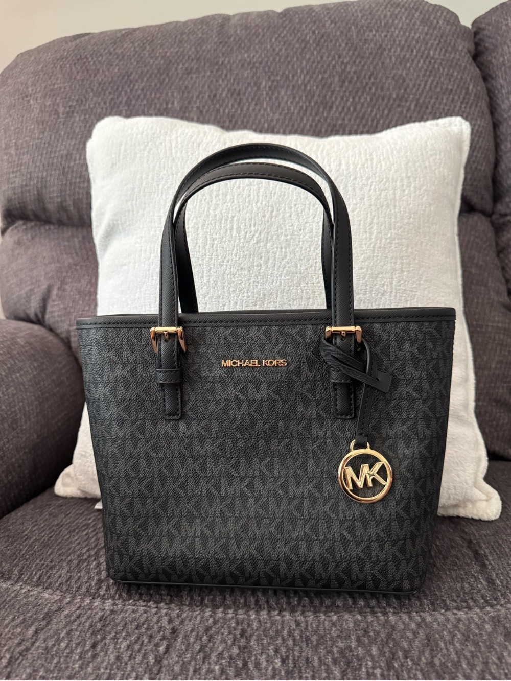 Michael Kors Black Logo Mini Tote with Gold Hardware